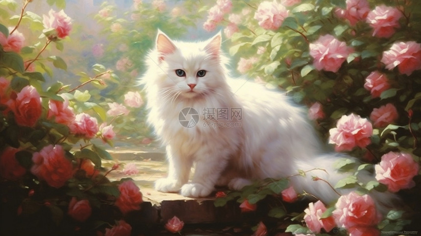 玫瑰花园里的猫咪图片