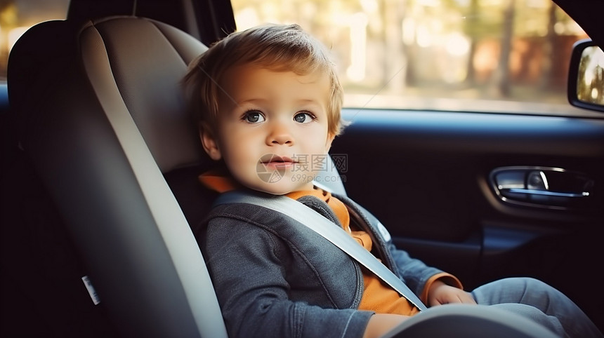 坐在汽车后座上的儿童图片