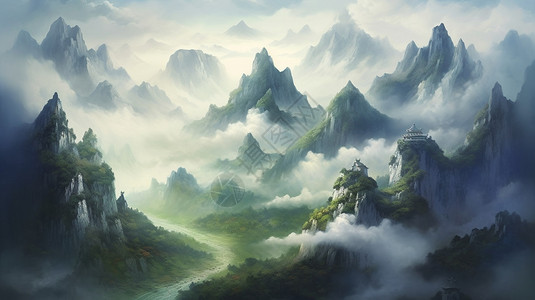 雾霾天空宏伟壮观的山脉插画