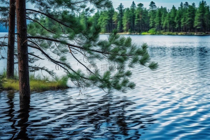 枝干低垂到湖面的松树图片