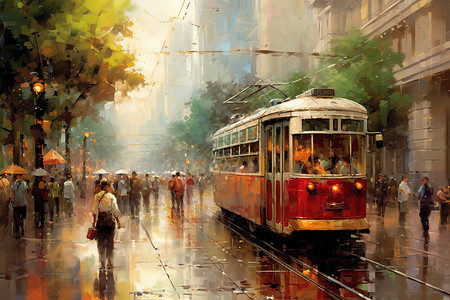 有轨电车停靠站下雨时的街道场景插画