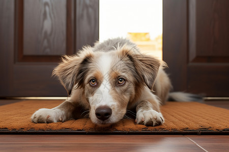 门垫背景在门垫上趴着的狗背景