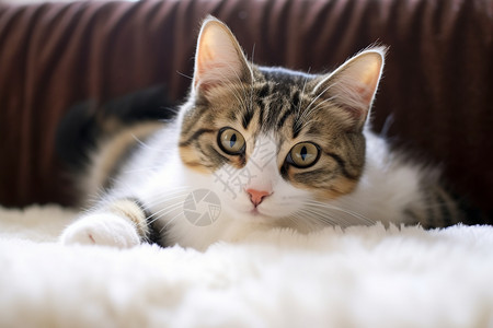 趴在白色毯子上的猫高清图片