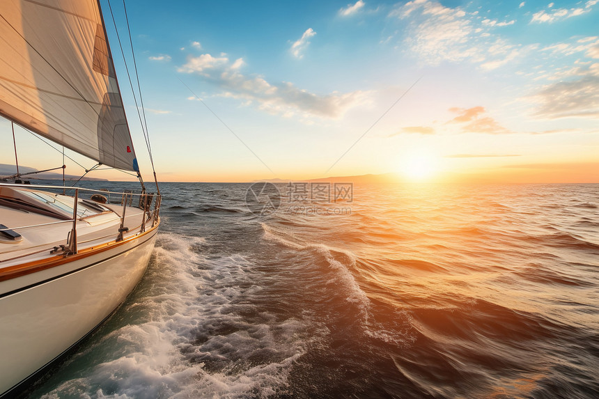 黄昏时大海上的豪华帆船图片