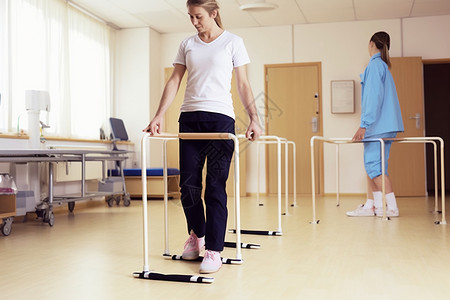 医院里练习行走的病人高清图片