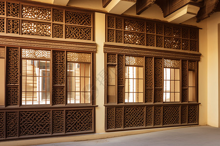 古代宫殿内景复古的木质的门窗设计图片