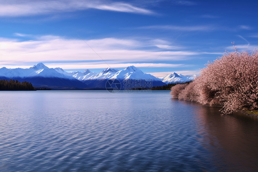 夏季雪山下的湖水景观图片