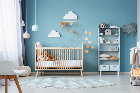 婴儿家具蓝色墙壁的婴儿房背景