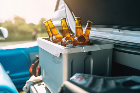 便携式冰箱里的啤酒背景图片