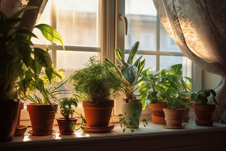 夏天家居窗台上的绿植盆栽图片