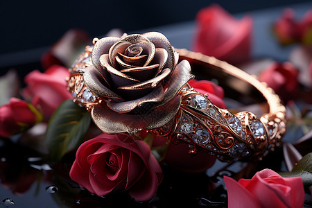 玫瑰花旁的钻石戒指背景图片