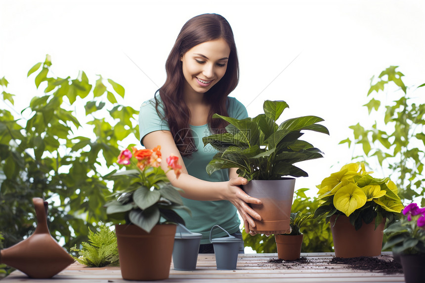 在家种植盆栽的女士图片