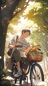 骑行动漫素材树下骑自行车的男孩插画