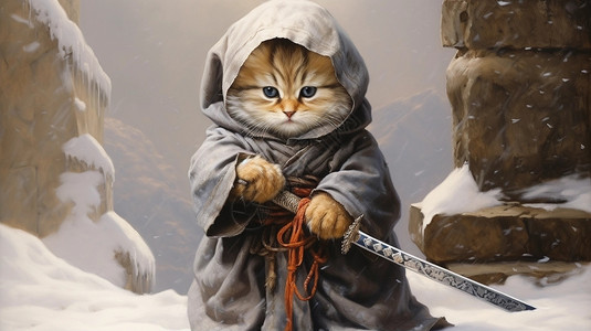 可爱雪虎拿着剑的侠义小猫插画