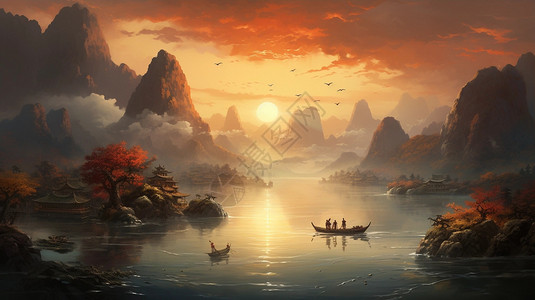 日落时湖泊中的渔船图片