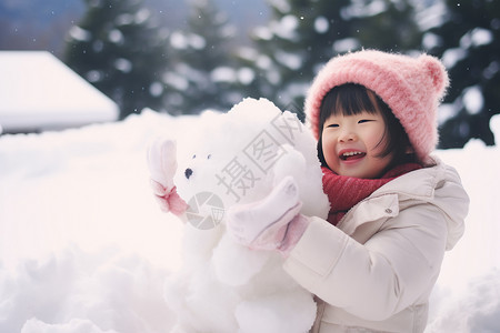 玩雪人户外玩雪的可爱小女孩背景