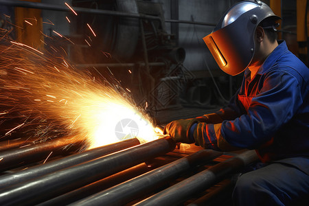 蓝色钢铁结构焊接的工人背景