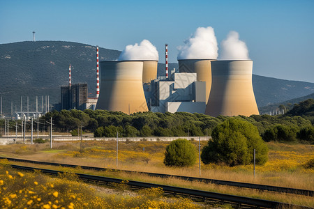 电厂烟囱冒烟的核电站背景