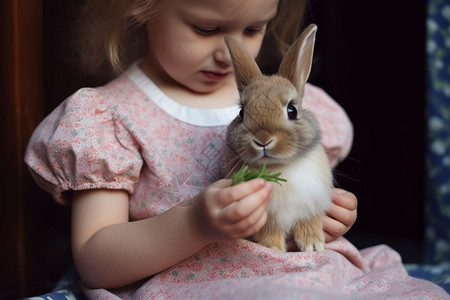 喂养兔子的小女孩背景图片