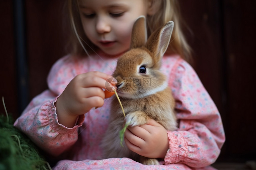 女婴喂养兔子图片