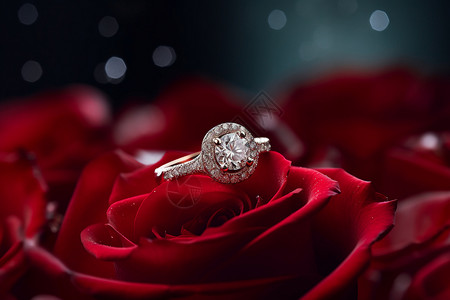 红玫瑰上的戒指背景图片