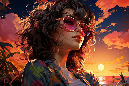 海边日落时分的美丽少女背景图片