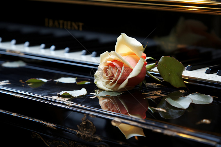 摆放在钢琴上的玫瑰花图片