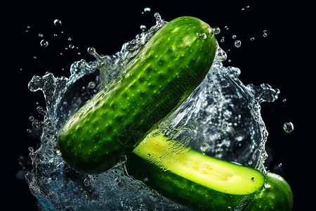 创意黄瓜蔬菜掉落水中高清图片