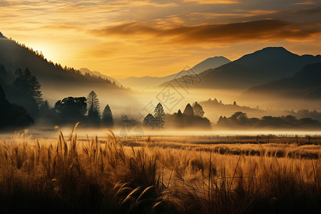 清晨薄雾中麦田背景图片