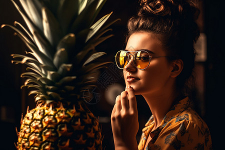 带着耳机的菠萝带着墨镜的时尚女人背景