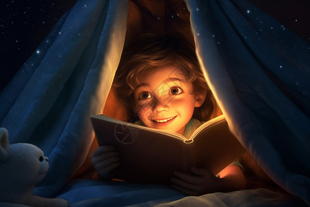 晚上看书的小男孩图片