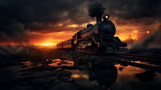 夕阳下的火车图片