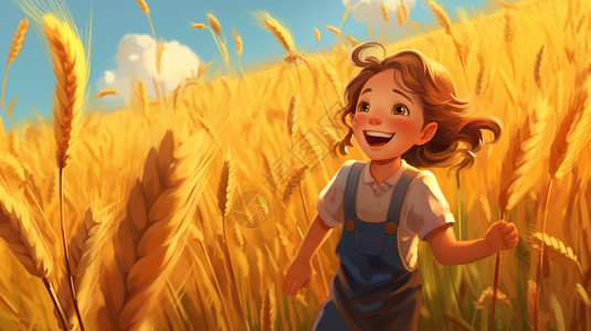 小麦地里奔跑的小孩图片