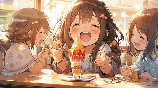 开心吃冰淇淋的小女孩背景图片