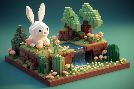 像素风草莓素风格的兔子和森林设计图片
