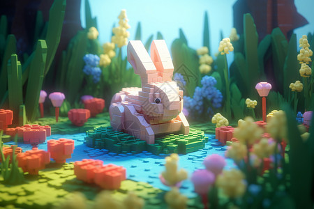像素风背景森林中的兔子设计图片
