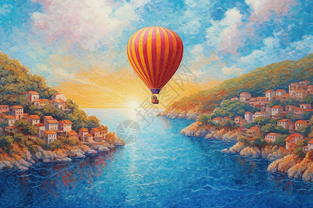 地中海风景宁静地中海上空的热气球插画