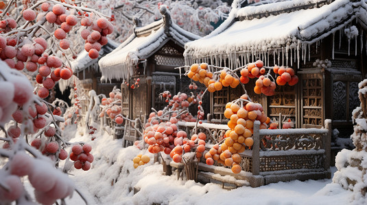 冰冻的蔬菜被雪覆盖的房子插画