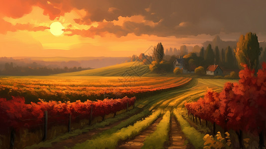 美丽的葡萄庄园一幅美丽的葡萄园画插画