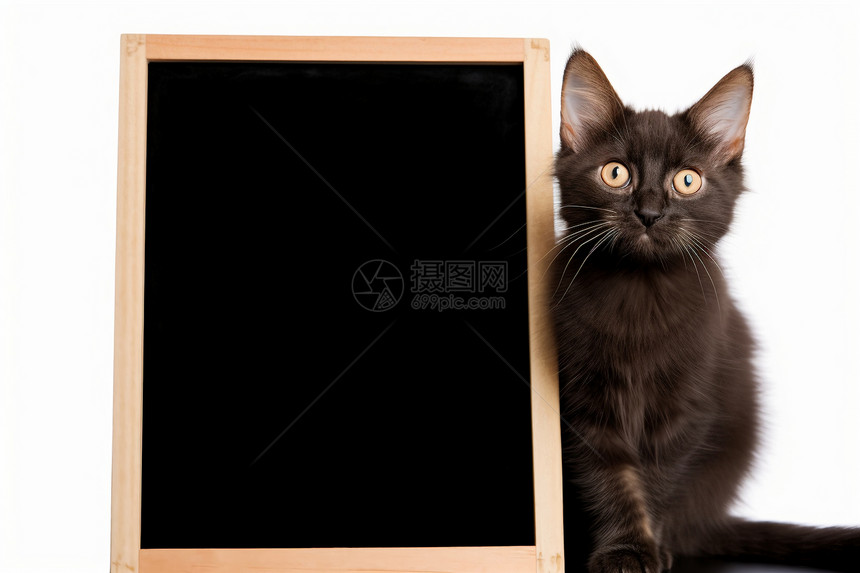 黑板旁的小黑猫图片