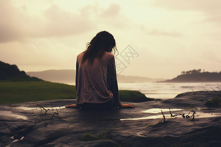 岸边孤独的女人高清图片