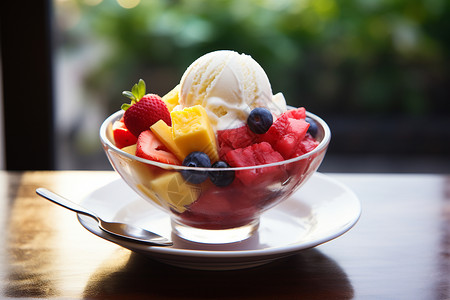 玻璃碗中的水果冰淇淋图片