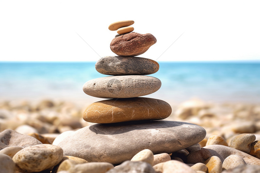 海滩上保持平衡的鹅卵石图片