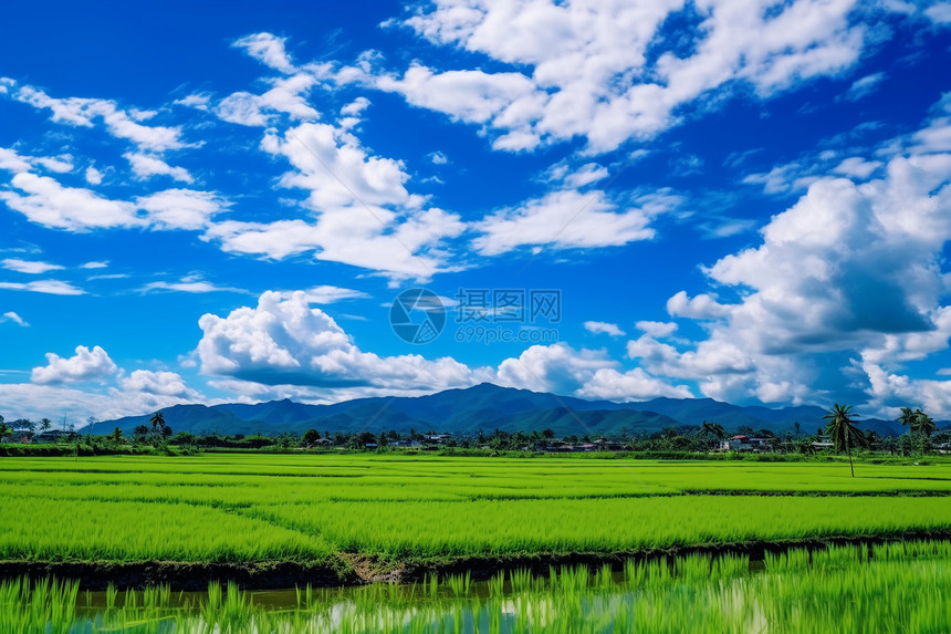夏天的绿色稻田图片