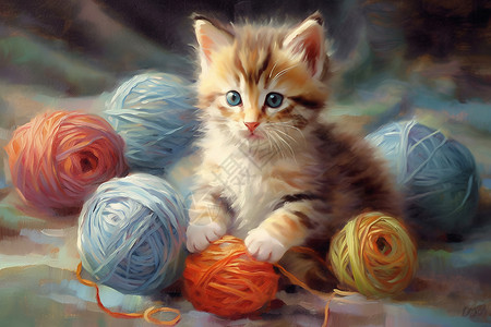 玩毛线球猫玩毛线球的小猫插画