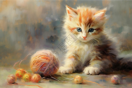 玩毛线球猫一只可爱的小猫玩着毛线球插画