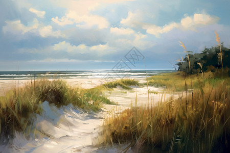 手绘沙丘手绘创意海滩油画插图插画