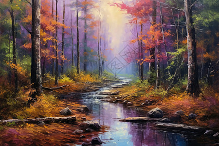 手绘油画风格的秋天森林图片