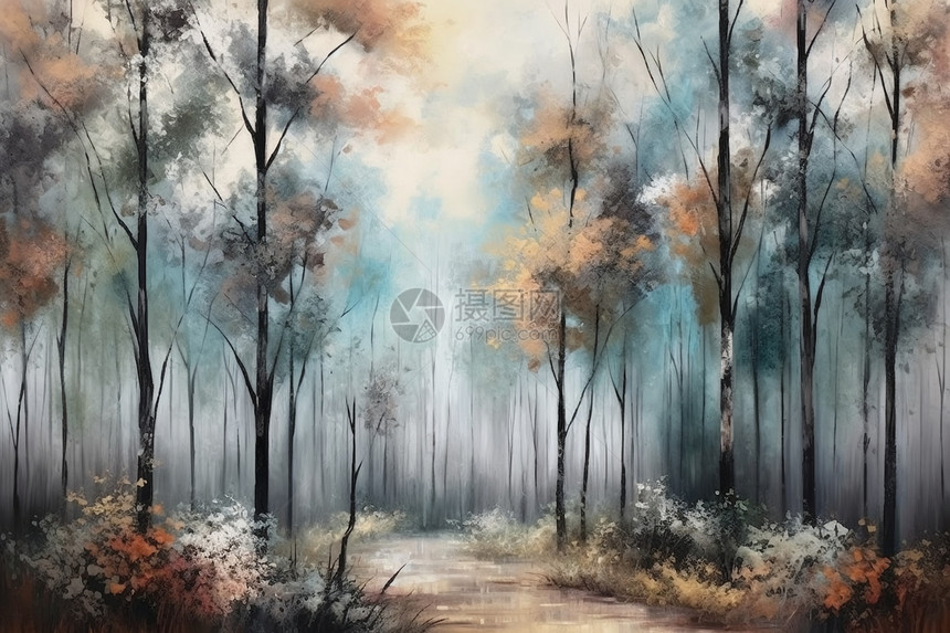 宁静的秋天森林艺术插图图片