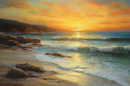 日落时海边风景油画插图图片